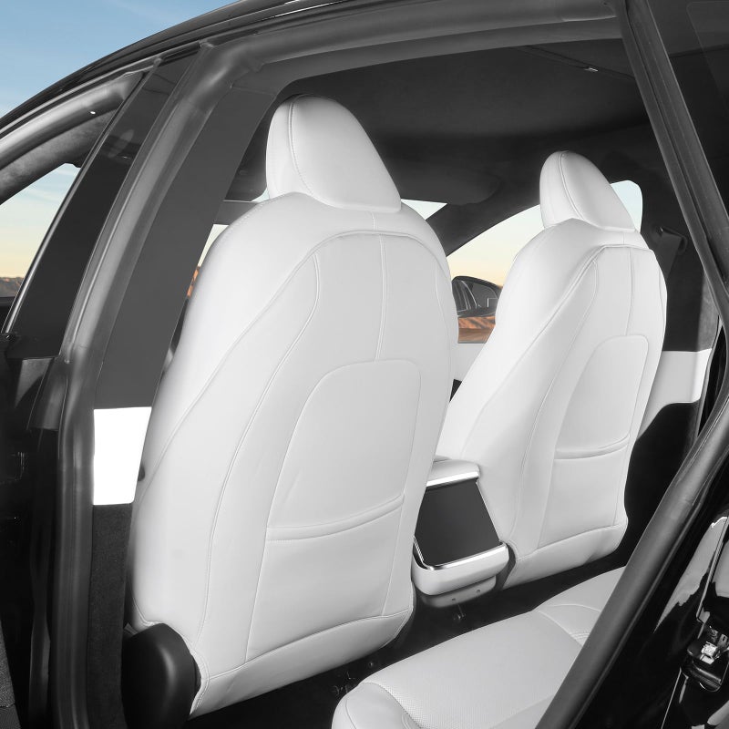 BASENOR 2026 2025 Tesla Model Y Juniper3SX Leather Seat Back Kick Protector Backseat Mats for Kids Extra Organizer Pocket Waterproof Scratchproof Resistant Protection White Set of 2