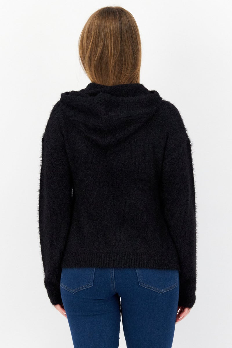 BRAVE SOUL Women Hooded Neck Knitted Sweater, Black - Image 3