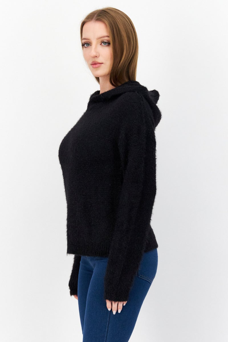 BRAVE SOUL Women Hooded Neck Knitted Sweater, Black - Image 2