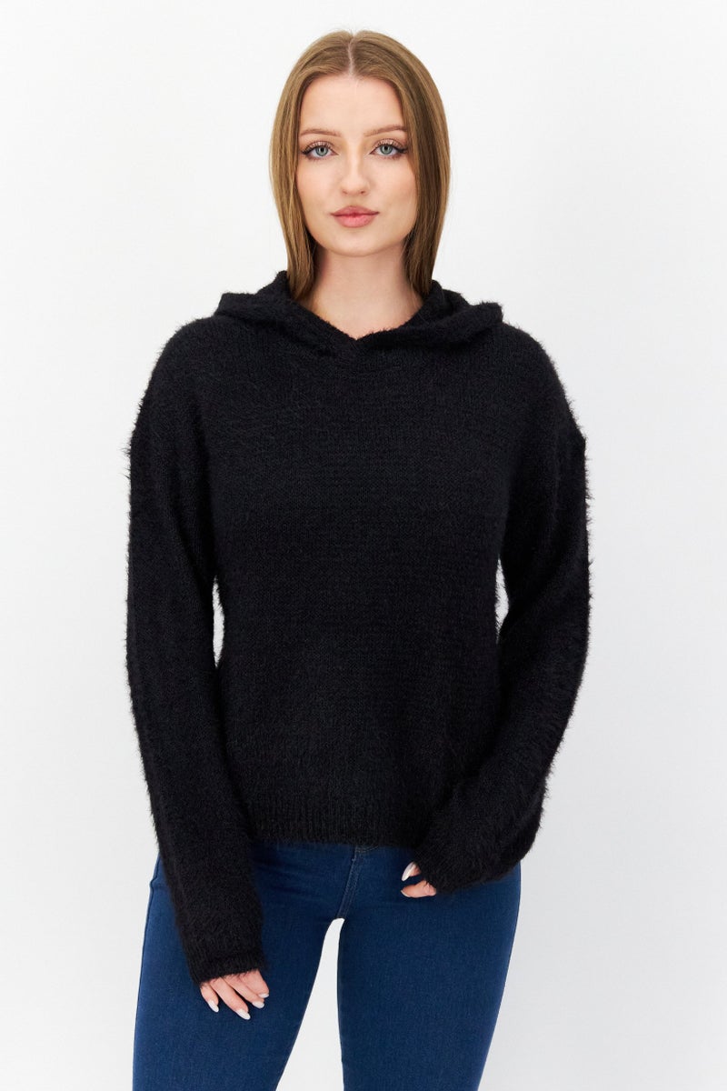 BRAVE SOUL Women Hooded Neck Knitted Sweater, Black - Image 1