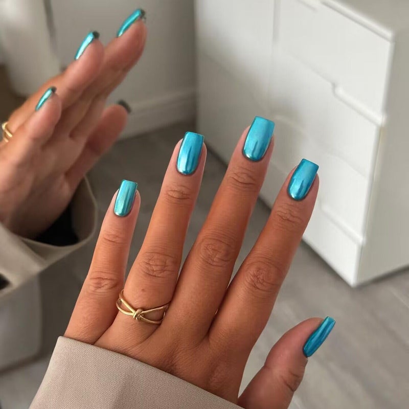 KQueenest Teal Blue Chrome Square Press on Nails Short Medium,KQueenest Mirror Metal Plating False Acrylic Nails Press Ons,Metallic Fake Nails,Natural Fit Glue on Nails Medium Length in 24 PCS - Image 1