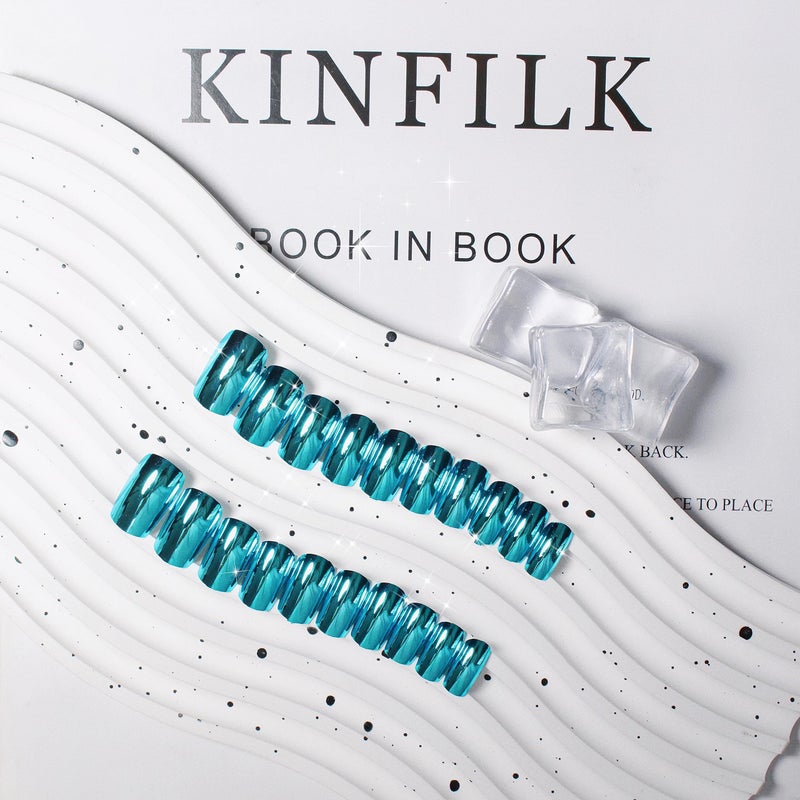 KQueenest Teal Blue Chrome Square Press on Nails Short Medium,KQueenest Mirror Metal Plating False Acrylic Nails Press Ons,Metallic Fake Nails,Natural Fit Glue on Nails Medium Length in 24 PCS - Image 4