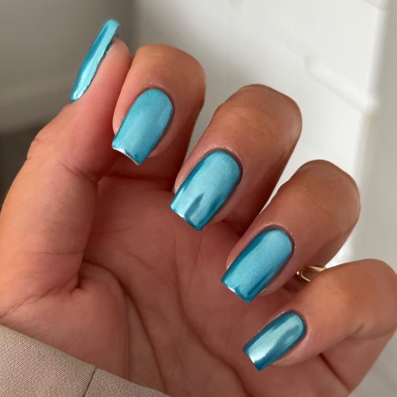 KQueenest Teal Blue Chrome Square Press on Nails Short Medium,KQueenest Mirror Metal Plating False Acrylic Nails Press Ons,Metallic Fake Nails,Natural Fit Glue on Nails Medium Length in 24 PCS - Image 2