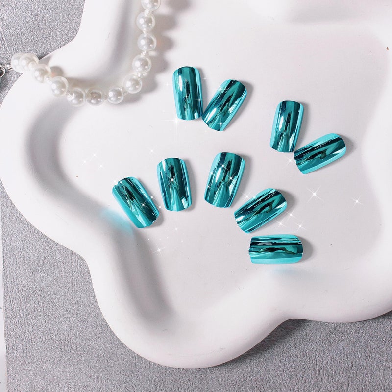 KQueenest Teal Blue Chrome Square Press on Nails Short Medium,KQueenest Mirror Metal Plating False Acrylic Nails Press Ons,Metallic Fake Nails,Natural Fit Glue on Nails Medium Length in 24 PCS - Image 3