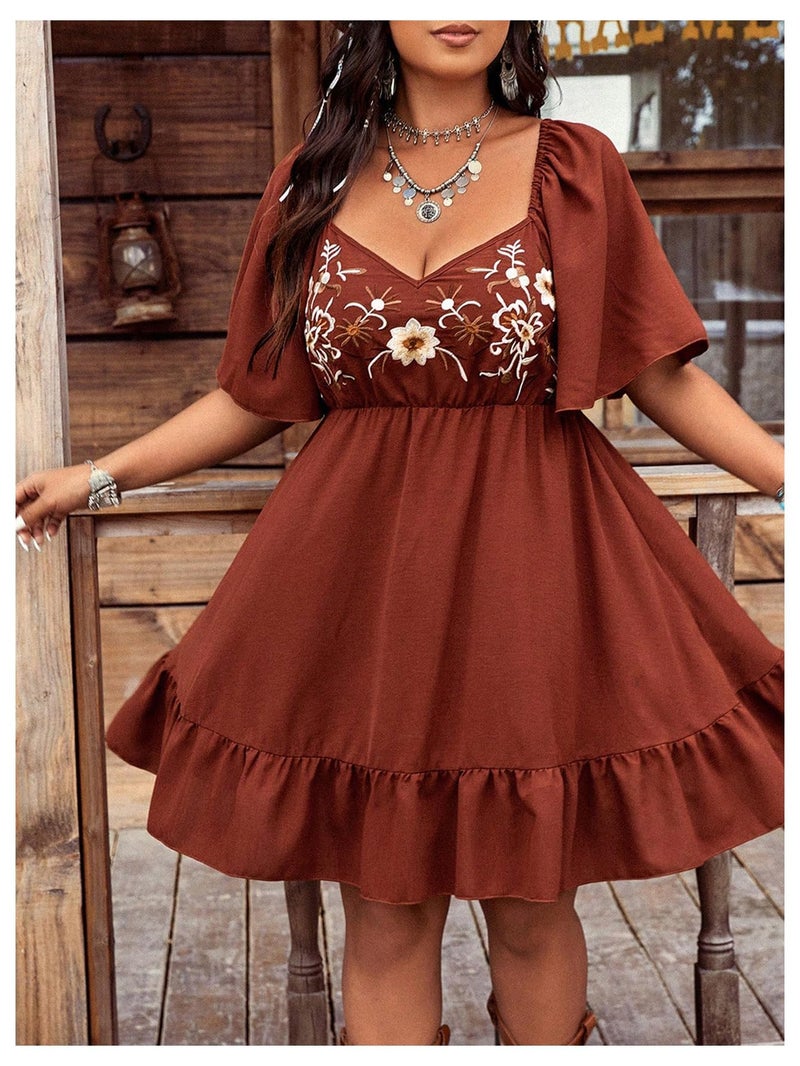 Verdusa Women's Plus Size Western Boho Floral Dress Cowgirl Country Concert Vacation Outfits Flowy Summer Dresses Brown XX-Large Plus - Image 3