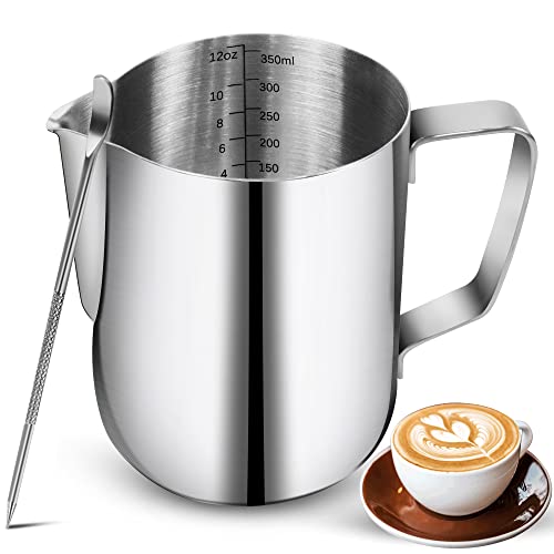 NewGF Milk Frothing Pitchers-12oz/350ML Stainless Steel Steaming Pitchers, Scale Coffee/Milk/Cappuccino/Latte Art Barista Steam Pitchers, Milk Jug Cup with Decorating Pen-Silver - Image 1