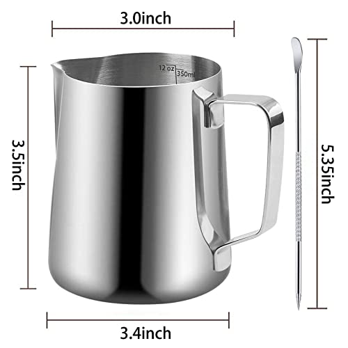 NewGF Milk Frothing Pitchers-12oz/350ML Stainless Steel Steaming Pitchers, Scale Coffee/Milk/Cappuccino/Latte Art Barista Steam Pitchers, Milk Jug Cup with Decorating Pen-Silver - Image 2