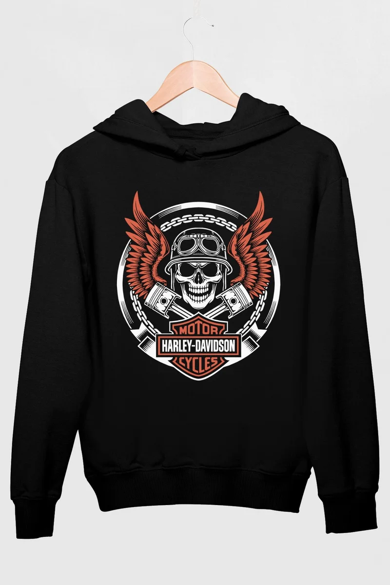 Rock&Roll Biker Skull Black Hooded Thick Men's Sweatshirt