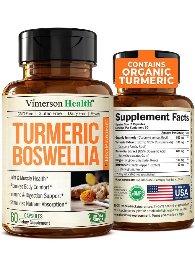 Vimerson Health Turmeric Supplement with 65% Boswellia Extract Capsules - Turmeric Curcumin Supplement 95% Curcuminoids - Boswellia Serrata, Black Pepper, Organic Turmeric and Ginger Root Capsules - 60 Tumeric Caps - Image 1