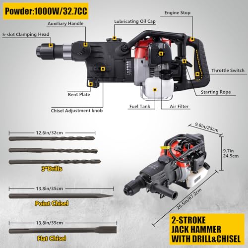 DEVALLEY Demolition Jack Hammer 33CC 2-Stroke Gas Powered Jack Hammer with Air Cooling System Hand Pull Start Gasoline Concrete Breaker Hammer for Hammering, Slotting,Drilling,Crushing - Image 4