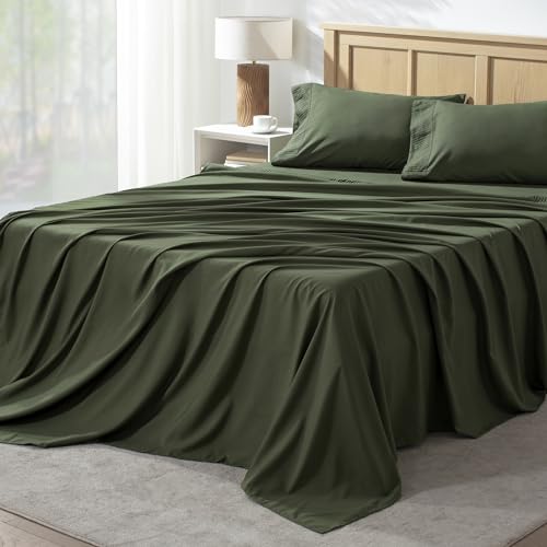 Andency Queen Sheet Set 4 Pieces, Dark Olive Green Super Soft Sheets for Queen Size Bed, Microfiber Queen Sheet, Deep Pocket Up to 16", Hotel Luxury Breathable & Cooling Bed Sheet Set - Image 1