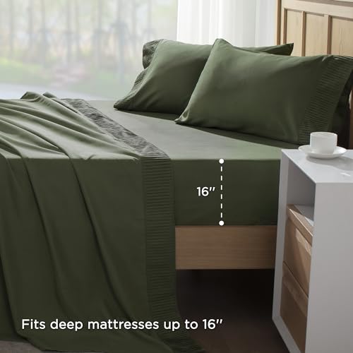 Andency Queen Sheet Set 4 Pieces, Dark Olive Green Super Soft Sheets for Queen Size Bed, Microfiber Queen Sheet, Deep Pocket Up to 16", Hotel Luxury Breathable & Cooling Bed Sheet Set - Image 4