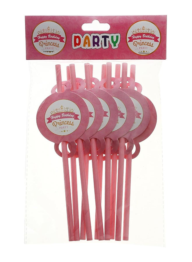 10pc Plastic Reusable Baby Pink Color Straws Printed on Pink Banner Ribbon Happy Birthday Princess with Crown Print on top for Girls Birthday Party & Occasions 