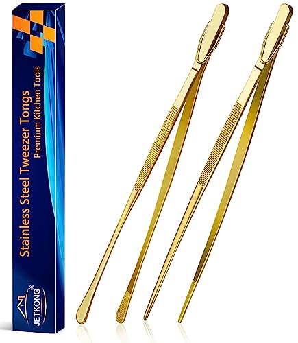 JETKONG 2 Pcs 12-Inch Cooking Tweezers Stainless Steel Food Tweezers Kitchen Tweezer Tongs (Gold) - Image 1