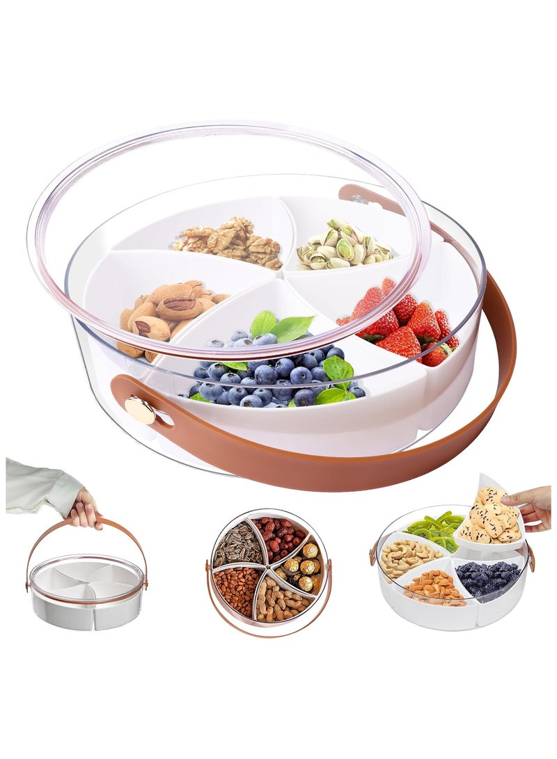 Divided Serving Tray with Lid, Veggie Fruit Snack Tray with Lid and Handle, Snackle Box Charcuterie Container, 5 Compartment Storage Trays Clear Organizer for Candy, Appetizer, Nuts, Parties, Picnic  - Image 1