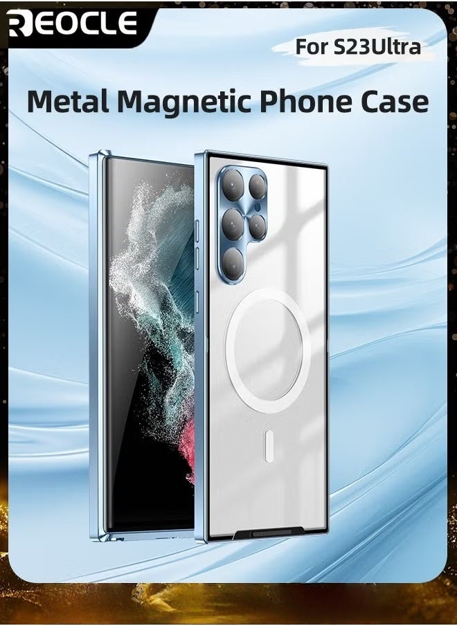 REOCLE Samsung S23Ultra Mobile Phone Case Drop-Resistant Metal Shell Frosted Semi-Transparent Mobile Phone Case Full Protection Plating Anti-Scratch Slim Thin Case Cover with Magnetic Suction Function and Camera Lens Protector - Image 1