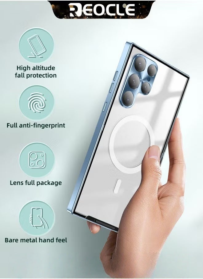 REOCLE Samsung S23Ultra Mobile Phone Case Drop-Resistant Metal Shell Frosted Semi-Transparent Mobile Phone Case Full Protection Plating Anti-Scratch Slim Thin Case Cover with Magnetic Suction Function and Camera Lens Protector - Image 2
