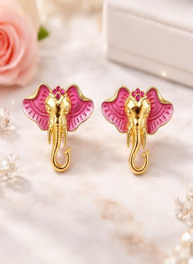 AMAAL Gold Plated Elephant Stud Earrings for Women & Girls | Korean Style Pink Enamel Animal Motif Meenakari | Western Wedding,Earing | Stylish Jewellery for woman Valentine Gift for Girlfriend -511 - Image 3