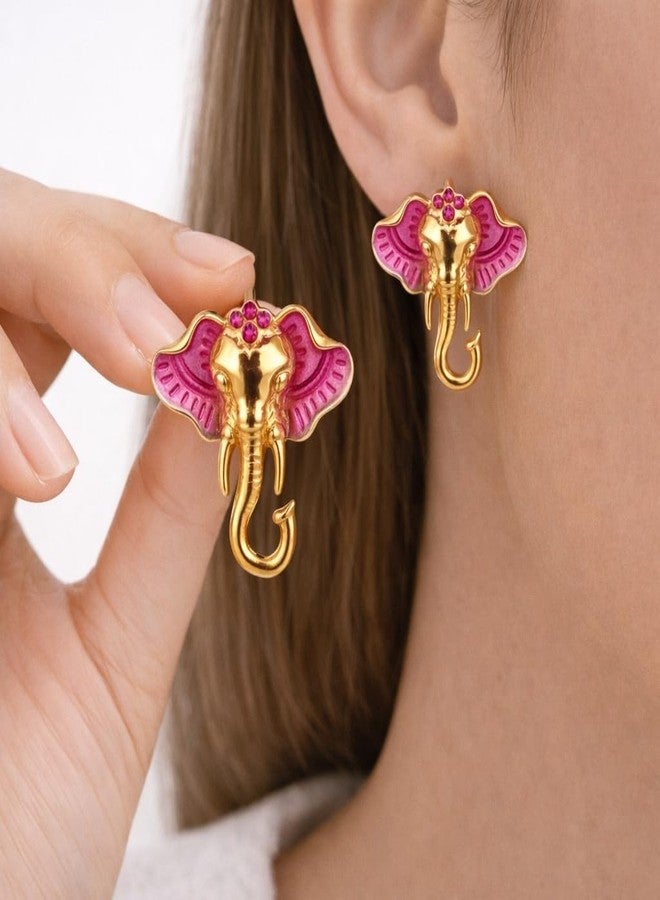 AMAAL Gold Plated Elephant Stud Earrings for Women & Girls | Korean Style Pink Enamel Animal Motif Meenakari | Western Wedding,Earing | Stylish Jewellery for woman Valentine Gift for Girlfriend -511 - Image 2