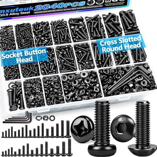 mxuteuk 2040PCS Metric Screws Nuts and Bolts Assortment Kit,M2 M3 M4 M5 M6 Machine Screws,Black Zinc Plated Hex Socket Button Head & Phillips Pan Head Screw for 3D Printing,DIY Projects - Image 1