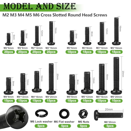 mxuteuk 2040PCS Metric Screws Nuts and Bolts Assortment Kit,M2 M3 M4 M5 M6 Machine Screws,Black Zinc Plated Hex Socket Button Head & Phillips Pan Head Screw for 3D Printing,DIY Projects - Image 3