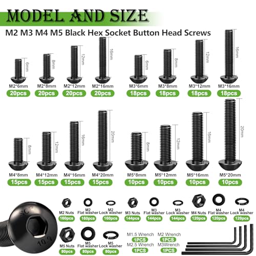 mxuteuk 2040PCS Metric Screws Nuts and Bolts Assortment Kit,M2 M3 M4 M5 M6 Machine Screws,Black Zinc Plated Hex Socket Button Head & Phillips Pan Head Screw for 3D Printing,DIY Projects - Image 2