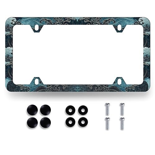 MUAWUOIK Ocean Wave License Plate Frame Blue Texture Japanese Traditional Waves Print License Plate Funny Stainless Steel Accessory Colorful License Plate Personalise Decoration with Screws 123 x 63 - Image 1