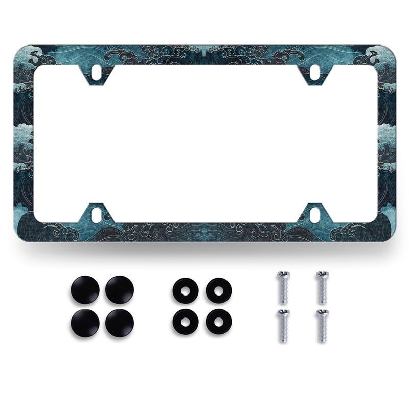 MUAWUOIK Ocean Wave License Plate Frame Blue Texture Japanese Traditional Waves Print License Plate Funny Stainless Steel Accessory Colorful License Plate Personalise Decoration with Screws 123 x 63 - Image 3