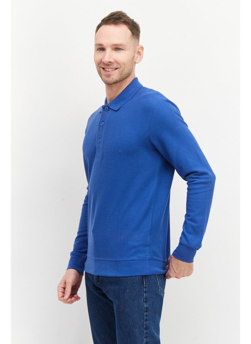 ESPRIT - Men Regular Fit Long Sleeve Textured Polo Shirt, Blue - Image 1