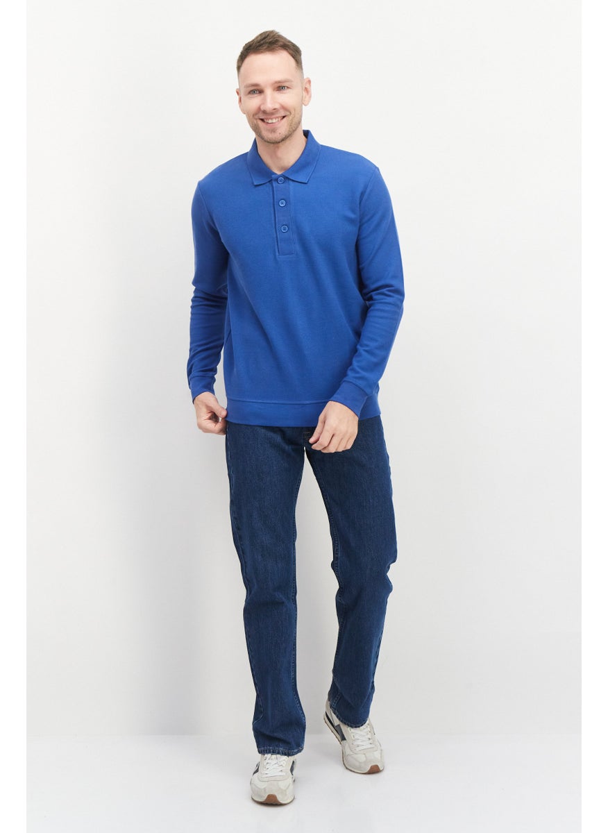 ESPRIT - Men Regular Fit Long Sleeve Textured Polo Shirt, Blue - Image 1