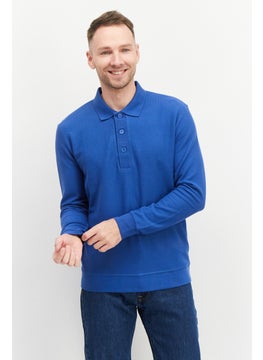 Men Regular Fit Long Sleeve Textured Polo Shirt, Blue