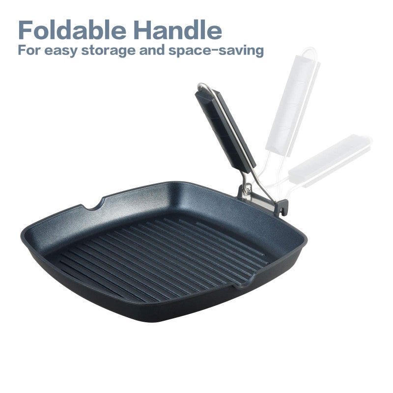 S·KITCHN Grill Pan with Folding Handle, Nonstick Grill Pan for Stove Tops, Induction Compatible KBBQ Grill Pan with Pour Spouts, Indoor Square BBQ Grilling Pan - 9IN - Image 5