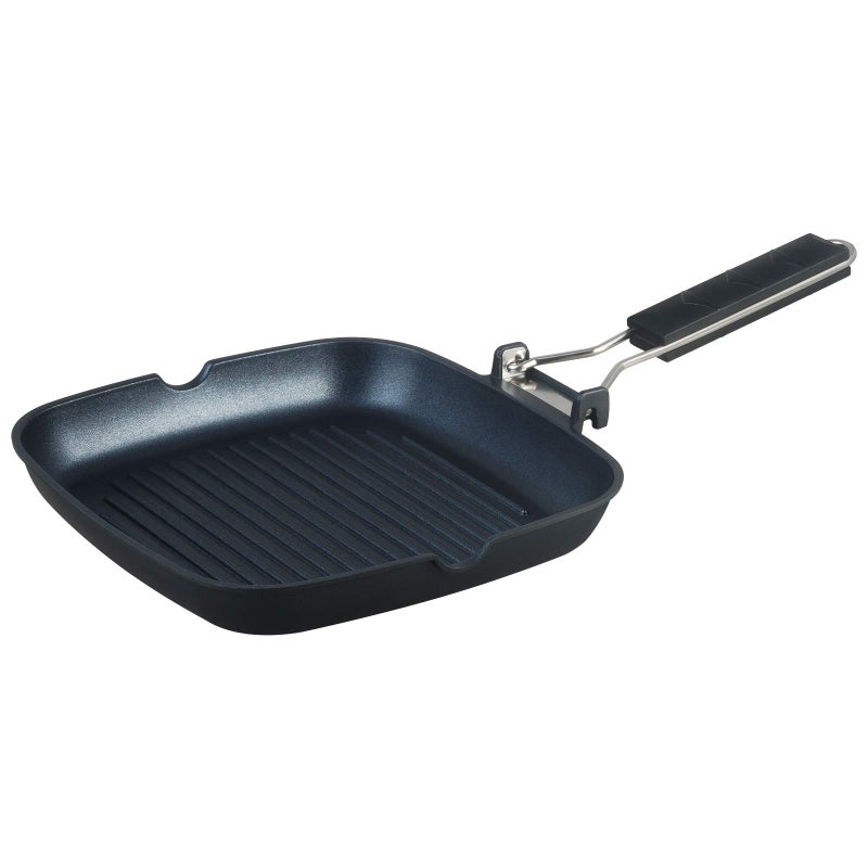 S·KITCHN Grill Pan with Folding Handle, Nonstick Grill Pan for Stove Tops, Induction Compatible KBBQ Grill Pan with Pour Spouts, Indoor Square BBQ Grilling Pan - 9IN - Image 1