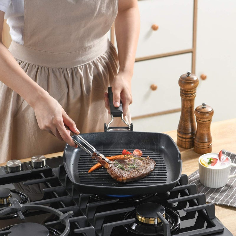 S·KITCHN Grill Pan with Folding Handle, Nonstick Grill Pan for Stove Tops, Induction Compatible KBBQ Grill Pan with Pour Spouts, Indoor Square BBQ Grilling Pan - 9IN - Image 3