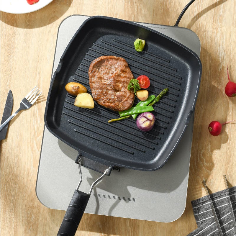 S·KITCHN Grill Pan with Folding Handle, Nonstick Grill Pan for Stove Tops, Induction Compatible KBBQ Grill Pan with Pour Spouts, Indoor Square BBQ Grilling Pan - 9IN - Image 2