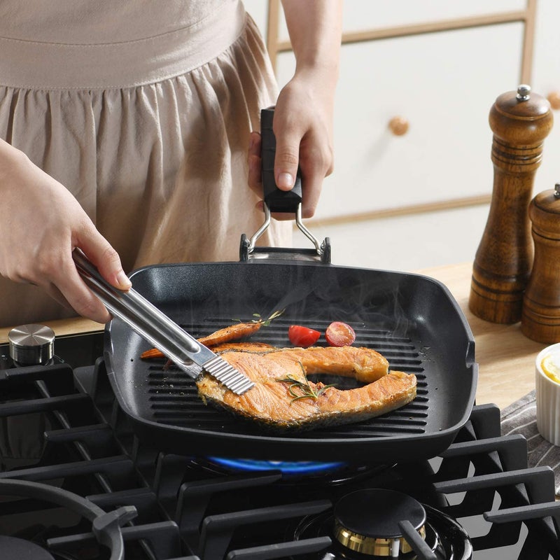 S·KITCHN Grill Pan with Folding Handle, Nonstick Grill Pan for Stove Tops, Induction Compatible KBBQ Grill Pan with Pour Spouts, Indoor Square BBQ Grilling Pan - 9IN - Image 4