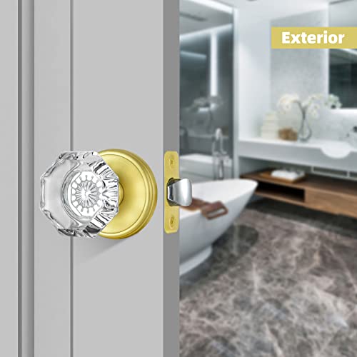 CLCTK Octagon Crystal Glass Door Knobs Gold Door Knob, Passage Function Interior Door Knobs for Hall Closet, Satin Brass Finish - Image 4