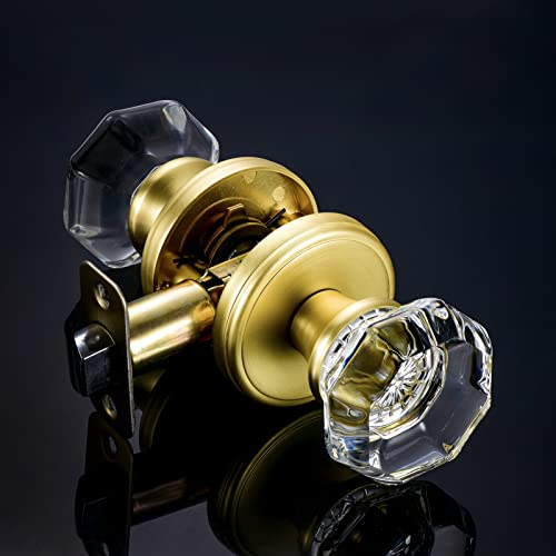 CLCTK Octagon Crystal Glass Door Knobs Gold Door Knob, Passage Function Interior Door Knobs for Hall Closet, Satin Brass Finish - Image 2