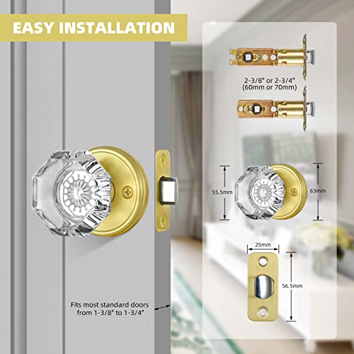 CLCTK Octagon Crystal Glass Door Knobs Gold Door Knob, Passage Function Interior Door Knobs for Hall Closet, Satin Brass Finish - Image 5