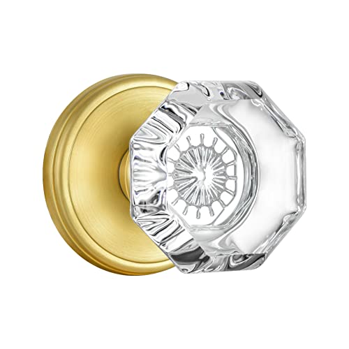 CLCTK Octagon Crystal Glass Door Knobs Gold Door Knob, Passage Function Interior Door Knobs for Hall Closet, Satin Brass Finish - Image 1