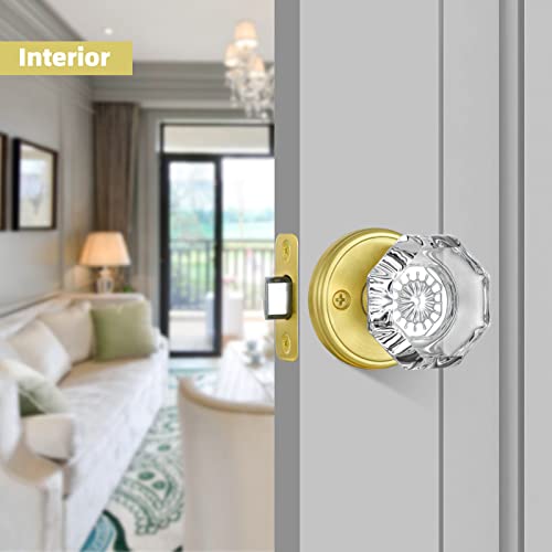 CLCTK Octagon Crystal Glass Door Knobs Gold Door Knob, Passage Function Interior Door Knobs for Hall Closet, Satin Brass Finish - Image 3