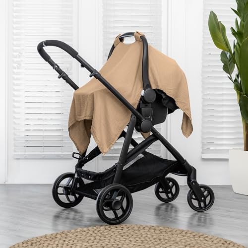 Comfy Cubs Baby Car Seat Cover Soft Breathable Bamboo Rayon and Muslin Cotton Blend Lightweight Canopy for Sun Bug and Comfort Protection Large Size Infant Seat Cover in Cedar Design - Image 3