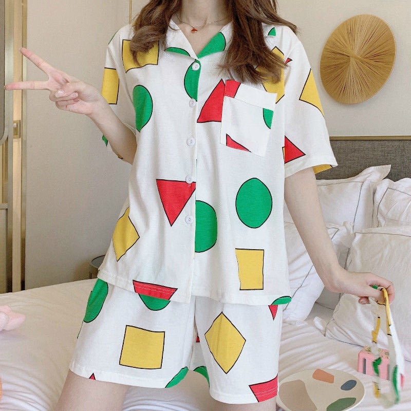 2022 Summer Pajamas Crayon Small New Garden Long Short-Sleeved Shorts Cartoon Three-Piece Set Eye Mask Home Clothes - Image 4