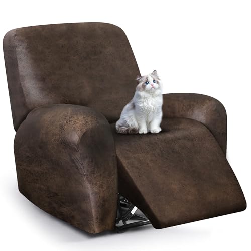 ANARACHON Leather Look Recliner Chair Covers 4Pieces Stretch Recliner Cover Soft Reclining Chair Slipcover Washable Furniture Protector for Lazy Boy Recliner 1 Seater Brown - Image 1