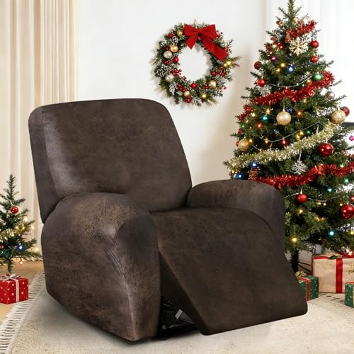 ANARACHON Leather Look Recliner Chair Covers 4Pieces Stretch Recliner Cover Soft Reclining Chair Slipcover Washable Furniture Protector for Lazy Boy Recliner 1 Seater Brown - Image 3