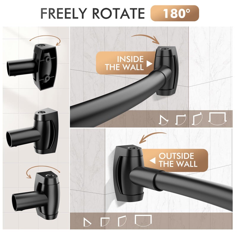 Bonpally Curved Shower Curtain Rod for Bathroom, 40-72 Inches Adjustable Curved Shower Rod, 0.9MM Aluminum Shower Curtain Rod with Rotating Brackets for Extra Shower Space, Need to Drill, Black - Image 5