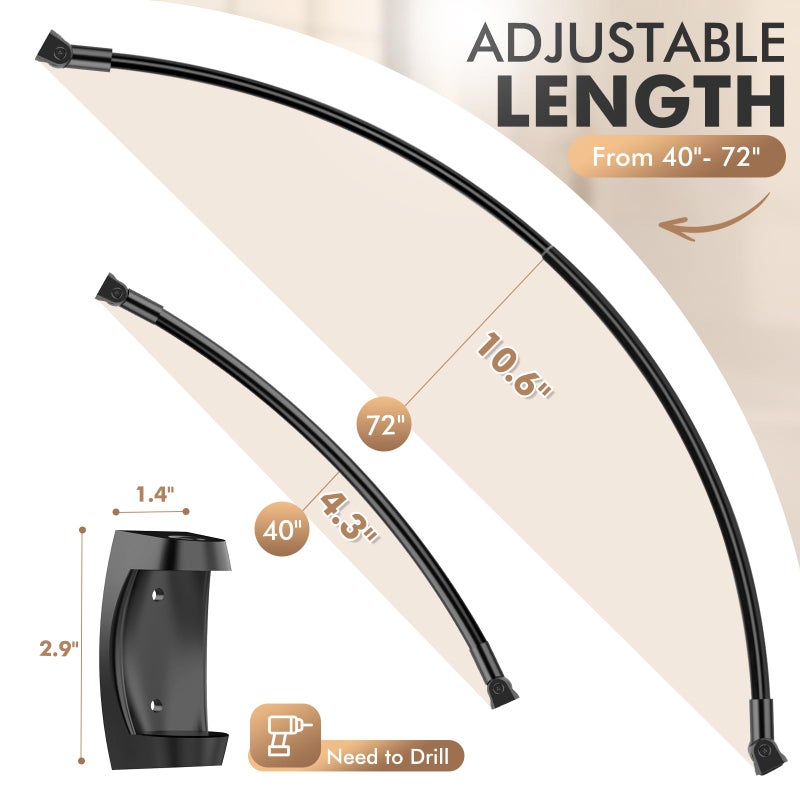 Bonpally Curved Shower Curtain Rod for Bathroom, 40-72 Inches Adjustable Curved Shower Rod, 0.9MM Aluminum Shower Curtain Rod with Rotating Brackets for Extra Shower Space, Need to Drill, Black - Image 3