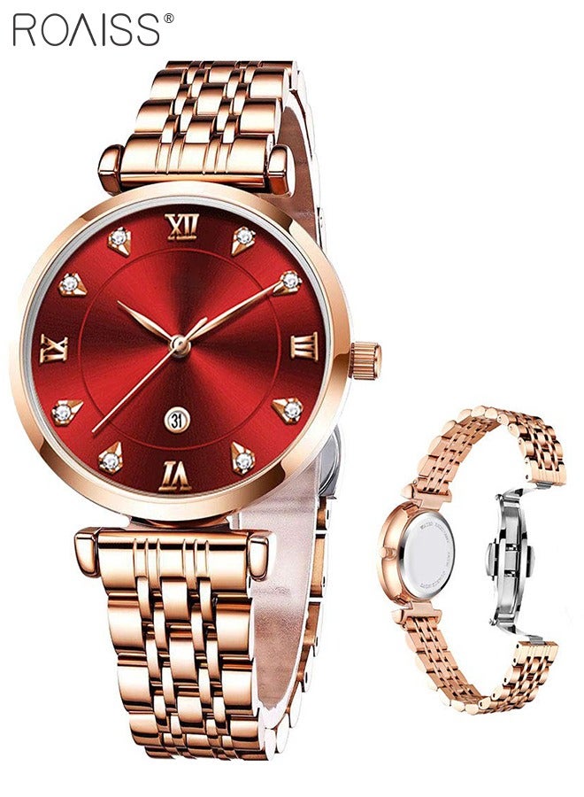 roaiss Women's Stainless Steel Strap Quartz Watches Analog Display Round Red Dial Watch with Rose Gold Band - Image 1