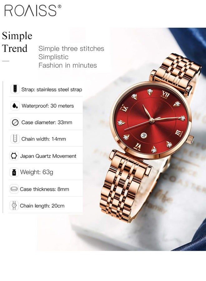 roaiss Women's Stainless Steel Strap Quartz Watches Analog Display Round Red Dial Watch with Rose Gold Band - Image 3