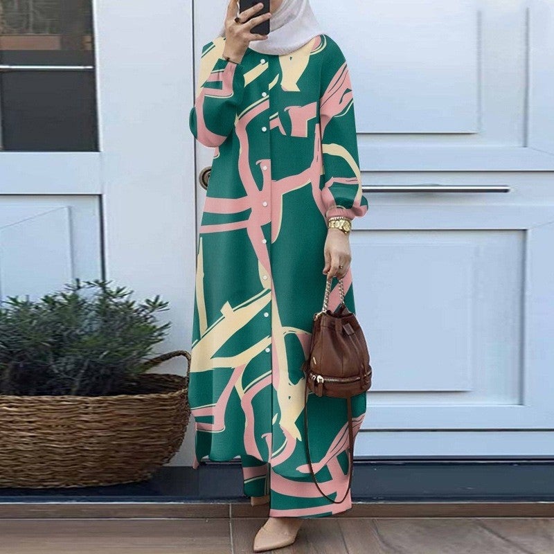 H707# Muslim womens Arabian style two-piece spring and autumn new womens long sleeve shirt pants suit Green without pocket 
